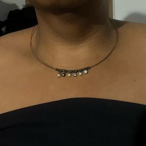 Vintage Y2K Dark Wire Necklace with Crystal, Beads and Faux Pearls Choker
